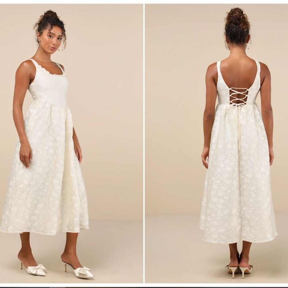 Lulus Immaculate Elegance Cream Jacquard Lace-up Midi Dress White - Size M - Picture 2 of 2